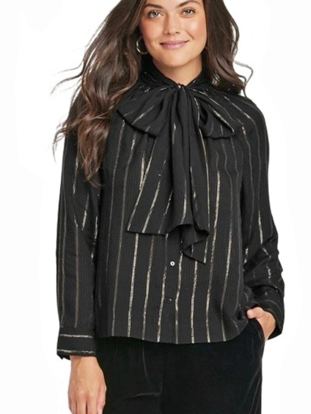 Universal Threads Striped Tie Neck Blouse in Black & gold Size Large